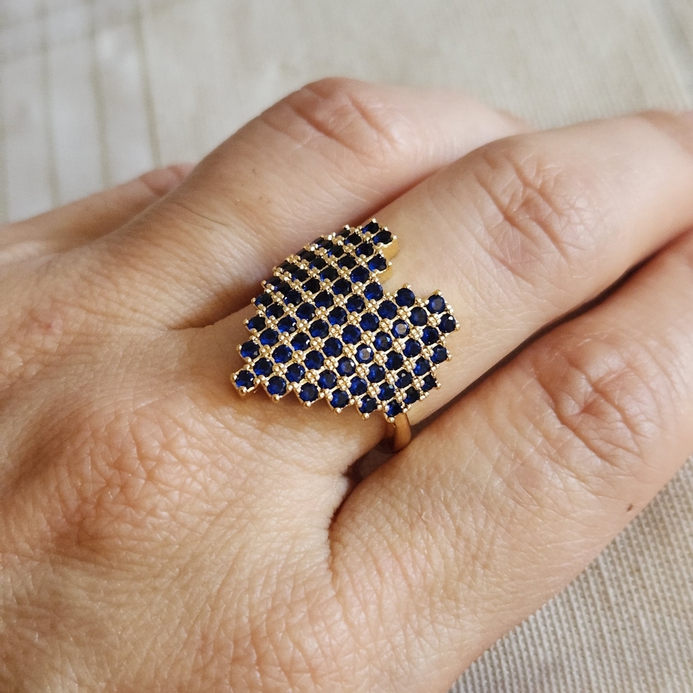 New 18K Gold Plated Blue Sapphire Pixel Heart Adjustable Ring for Women - Picture 10 of 11